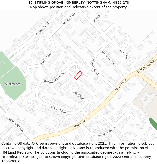 10, STIRLING GROVE, KIMBERLEY, NOTTINGHAM, NG16 2TS: Location map and indicative extent of plot
