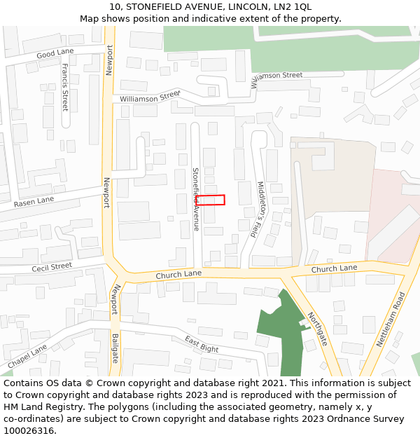 10, STONEFIELD AVENUE, LINCOLN, LN2 1QL: Location map and indicative extent of plot