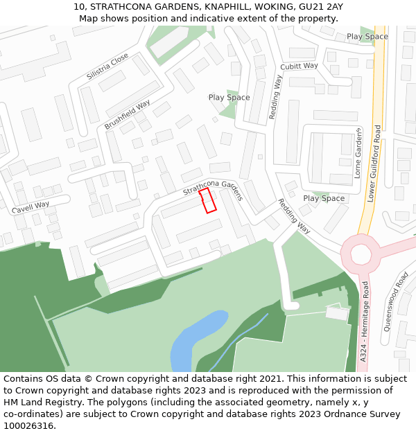 10, STRATHCONA GARDENS, KNAPHILL, WOKING, GU21 2AY: Location map and indicative extent of plot