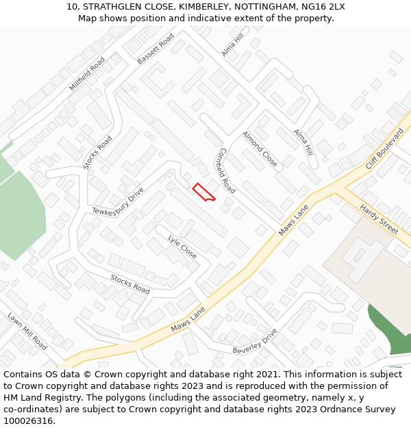 10, STRATHGLEN CLOSE, KIMBERLEY, NOTTINGHAM, NG16 2LX: Location map and indicative extent of plot