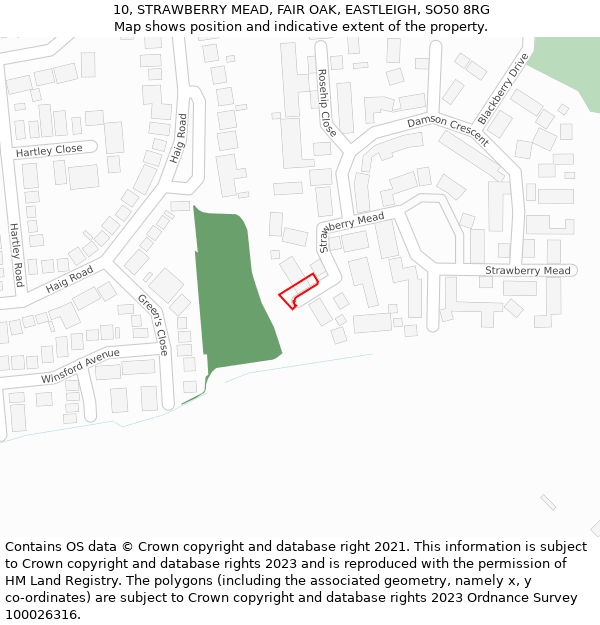 10, STRAWBERRY MEAD, FAIR OAK, EASTLEIGH, SO50 8RG: Location map and indicative extent of plot