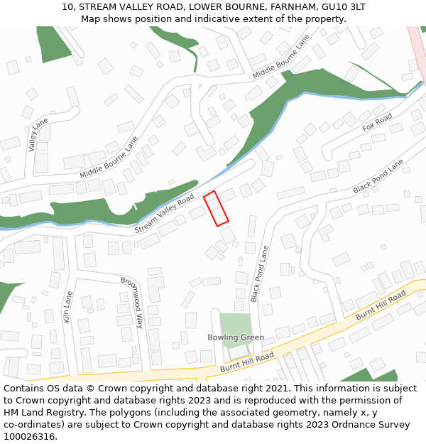 10, STREAM VALLEY ROAD, LOWER BOURNE, FARNHAM, GU10 3LT: Location map and indicative extent of plot