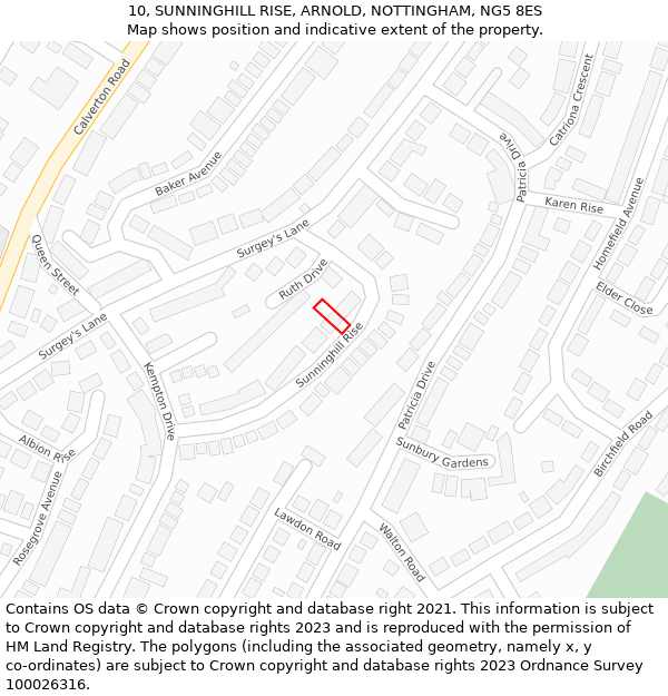 10, SUNNINGHILL RISE, ARNOLD, NOTTINGHAM, NG5 8ES: Location map and indicative extent of plot