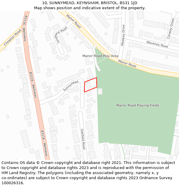 10, SUNNYMEAD, KEYNSHAM, BRISTOL, BS31 1JD: Location map and indicative extent of plot