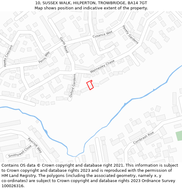 10, SUSSEX WALK, HILPERTON, TROWBRIDGE, BA14 7GT: Location map and indicative extent of plot