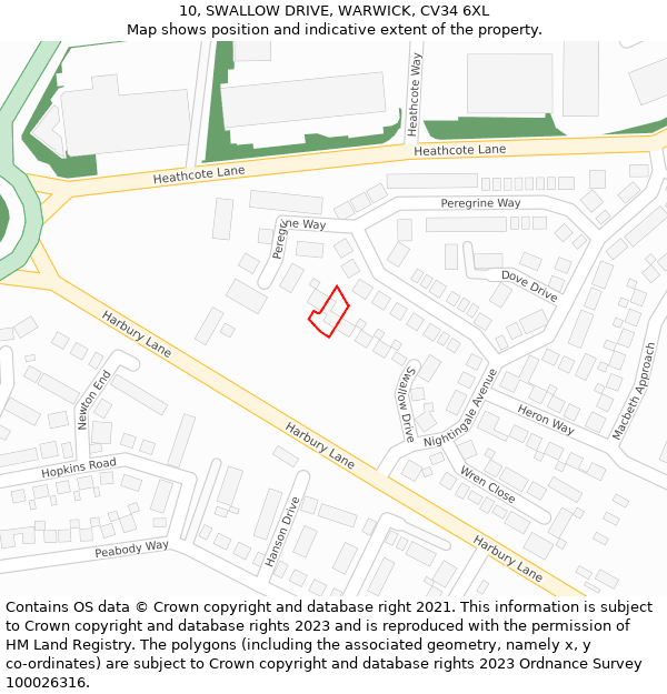 10, SWALLOW DRIVE, WARWICK, CV34 6XL: Location map and indicative extent of plot