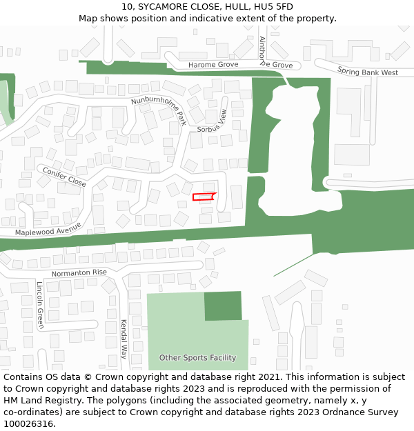 10, SYCAMORE CLOSE, HULL, HU5 5FD: Location map and indicative extent of plot