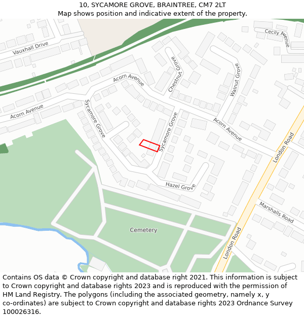 10, SYCAMORE GROVE, BRAINTREE, CM7 2LT: Location map and indicative extent of plot