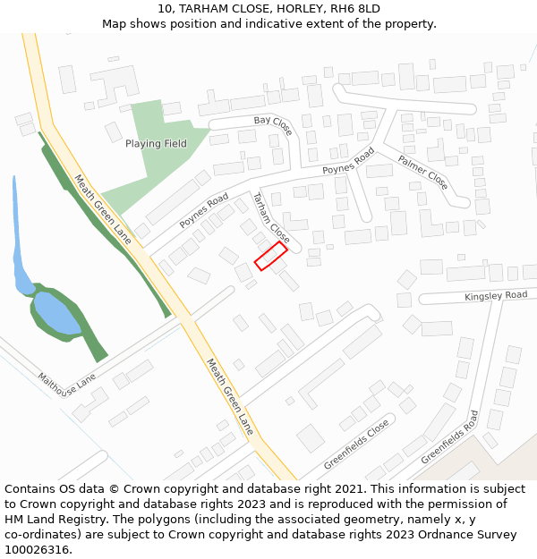 10, TARHAM CLOSE, HORLEY, RH6 8LD: Location map and indicative extent of plot