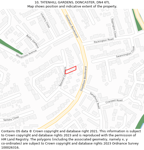 10, TATENHILL GARDENS, DONCASTER, DN4 6TL: Location map and indicative extent of plot