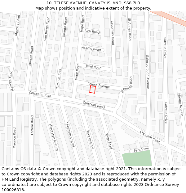 10, TELESE AVENUE, CANVEY ISLAND, SS8 7LR: Location map and indicative extent of plot