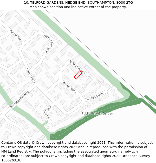 10, TELFORD GARDENS, HEDGE END, SOUTHAMPTON, SO30 2TG: Location map and indicative extent of plot