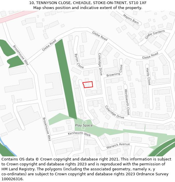 10, TENNYSON CLOSE, CHEADLE, STOKE-ON-TRENT, ST10 1XF: Location map and indicative extent of plot