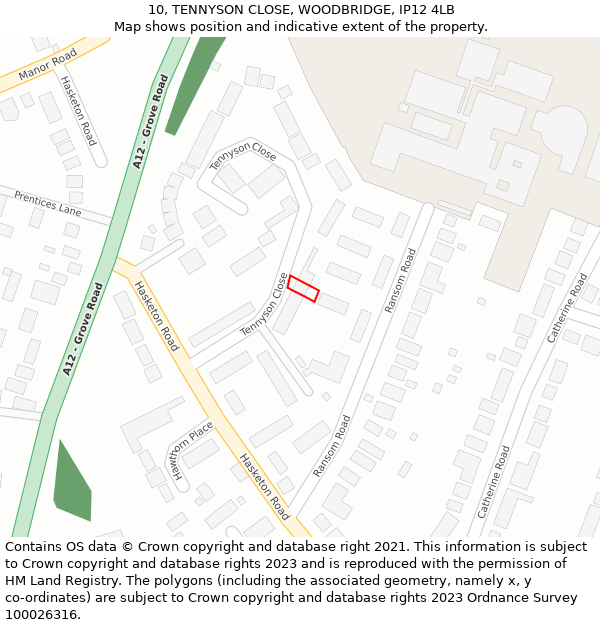 10, TENNYSON CLOSE, WOODBRIDGE, IP12 4LB: Location map and indicative extent of plot