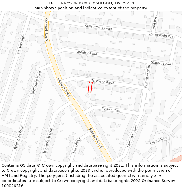 10, TENNYSON ROAD, ASHFORD, TW15 2LN: Location map and indicative extent of plot