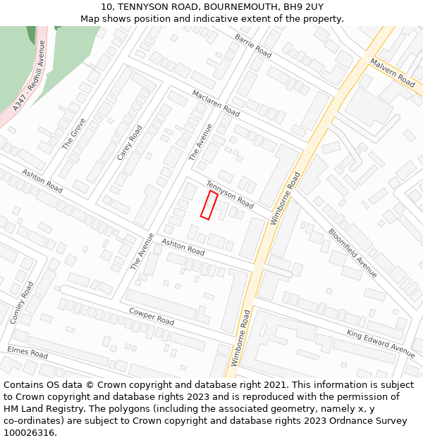 10, TENNYSON ROAD, BOURNEMOUTH, BH9 2UY: Location map and indicative extent of plot