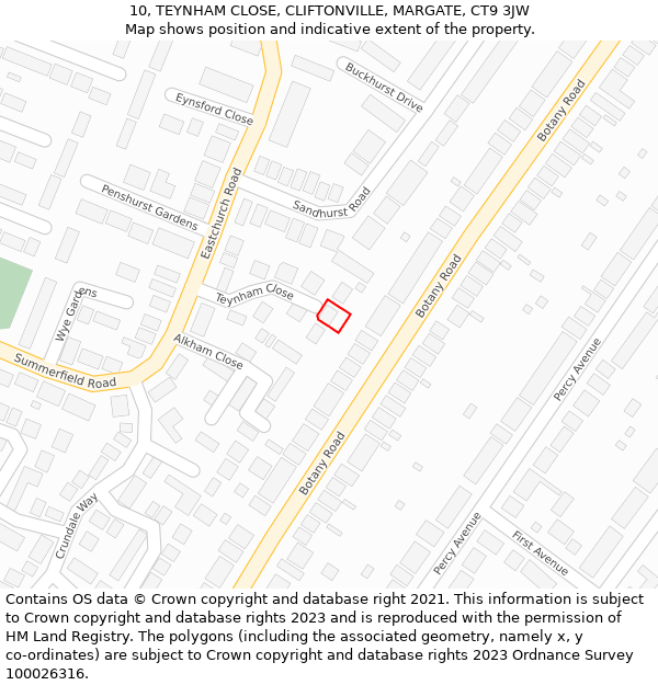 10, TEYNHAM CLOSE, CLIFTONVILLE, MARGATE, CT9 3JW: Location map and indicative extent of plot