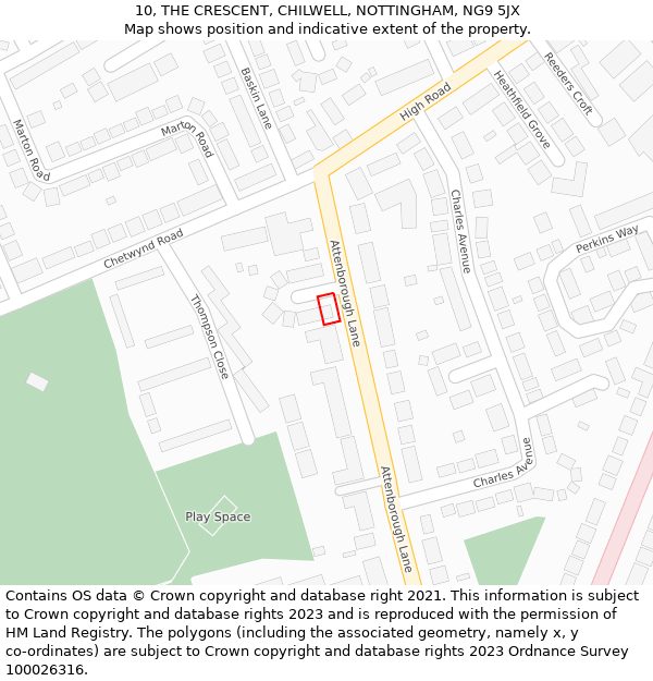 10, THE CRESCENT, CHILWELL, NOTTINGHAM, NG9 5JX: Location map and indicative extent of plot