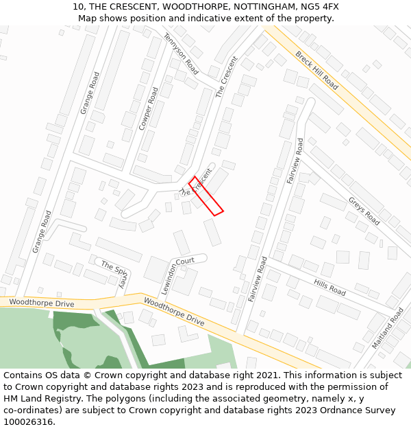 10, THE CRESCENT, WOODTHORPE, NOTTINGHAM, NG5 4FX: Location map and indicative extent of plot