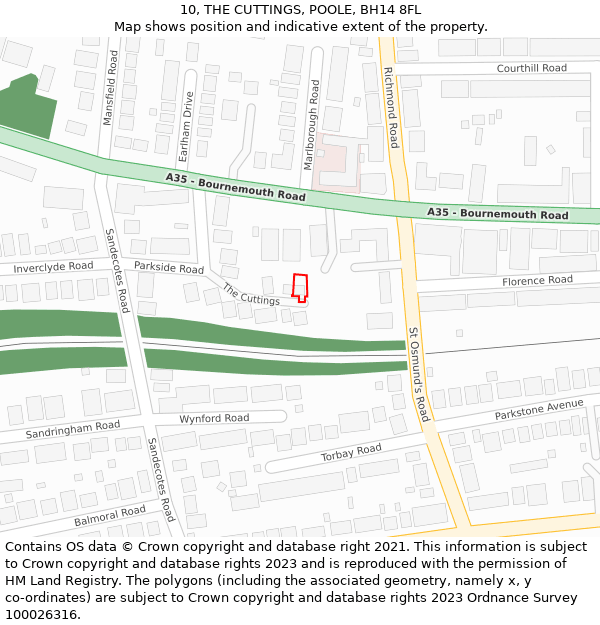 10, THE CUTTINGS, POOLE, BH14 8FL: Location map and indicative extent of plot