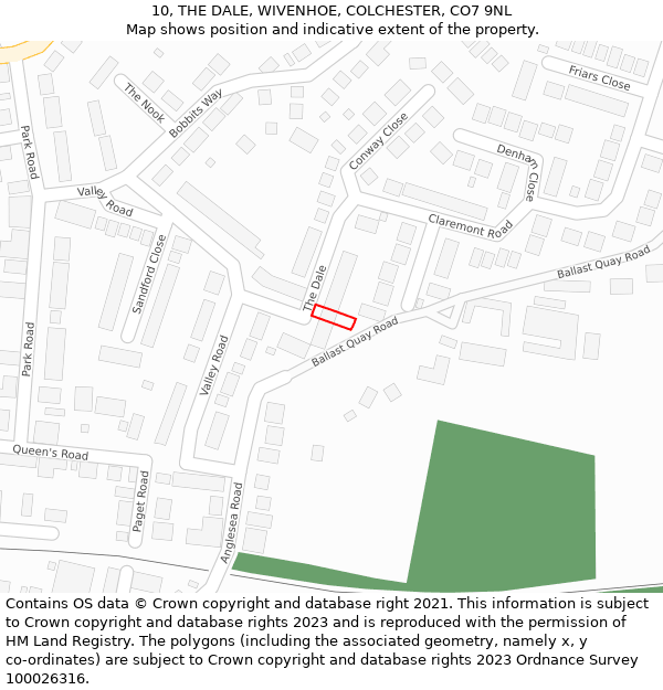 10, THE DALE, WIVENHOE, COLCHESTER, CO7 9NL: Location map and indicative extent of plot