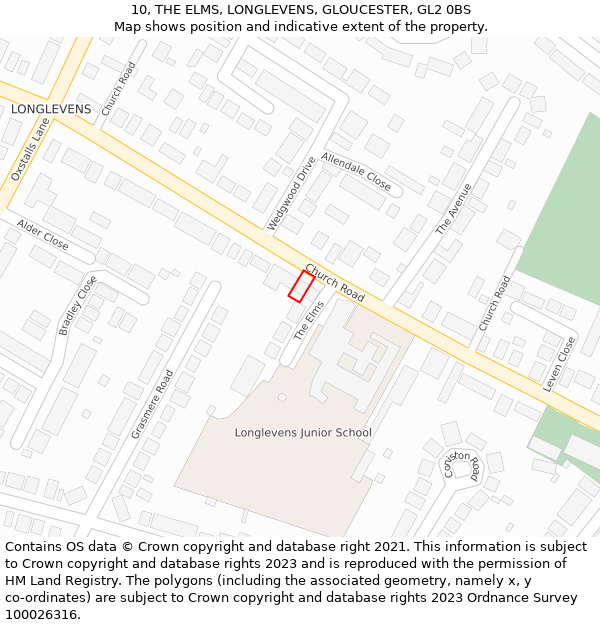 10, THE ELMS, LONGLEVENS, GLOUCESTER, GL2 0BS: Location map and indicative extent of plot