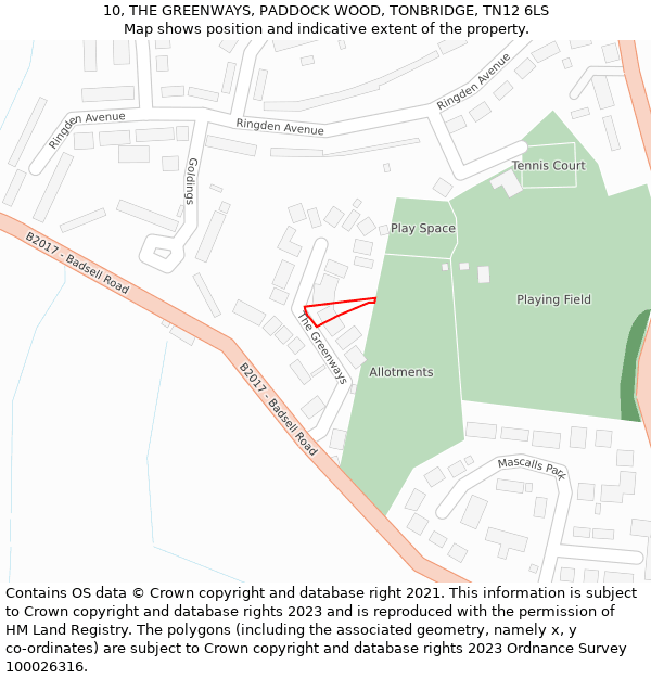 10, THE GREENWAYS, PADDOCK WOOD, TONBRIDGE, TN12 6LS: Location map and indicative extent of plot