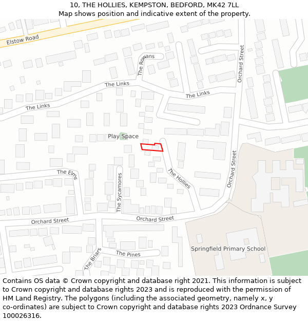 10, THE HOLLIES, KEMPSTON, BEDFORD, MK42 7LL: Location map and indicative extent of plot