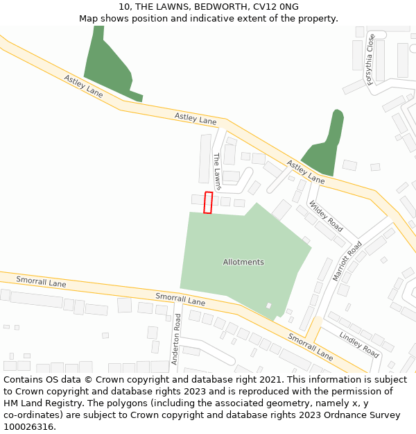 10, THE LAWNS, BEDWORTH, CV12 0NG: Location map and indicative extent of plot