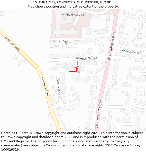 10, THE LIMES, LONGFORD, GLOUCESTER, GL2 9DL: Location map and indicative extent of plot