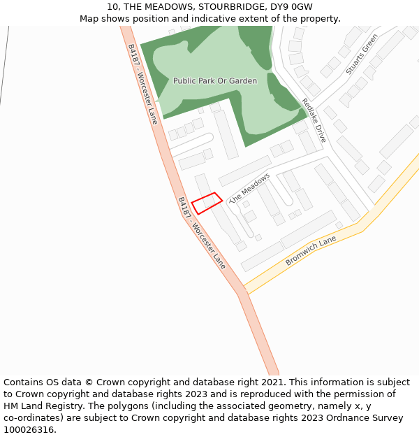 10, THE MEADOWS, STOURBRIDGE, DY9 0GW: Location map and indicative extent of plot