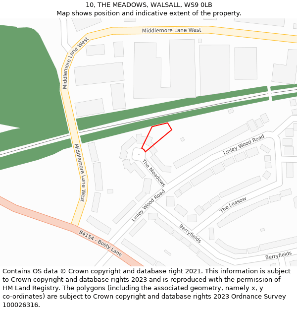 10, THE MEADOWS, WALSALL, WS9 0LB: Location map and indicative extent of plot