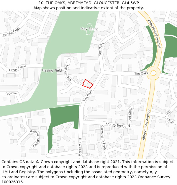 10, THE OAKS, ABBEYMEAD, GLOUCESTER, GL4 5WP: Location map and indicative extent of plot