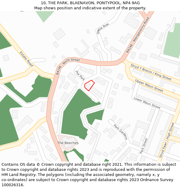 10, THE PARK, BLAENAVON, PONTYPOOL, NP4 9AG: Location map and indicative extent of plot