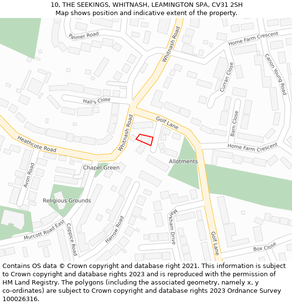 10, THE SEEKINGS, WHITNASH, LEAMINGTON SPA, CV31 2SH: Location map and indicative extent of plot