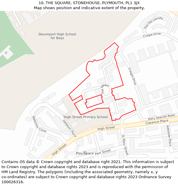 10, THE SQUARE, STONEHOUSE, PLYMOUTH, PL1 3JX: Location map and indicative extent of plot