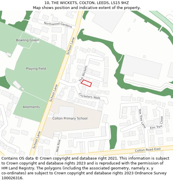 10, THE WICKETS, COLTON, LEEDS, LS15 9HZ: Location map and indicative extent of plot