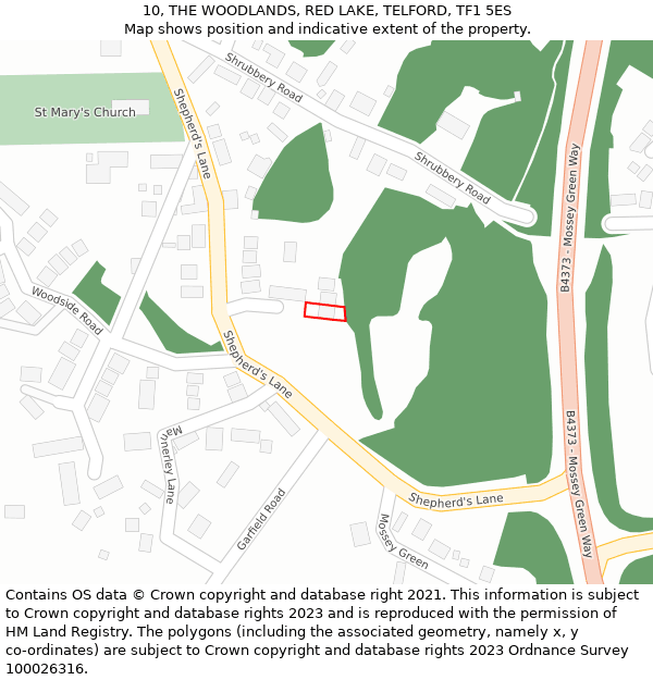 10, THE WOODLANDS, RED LAKE, TELFORD, TF1 5ES: Location map and indicative extent of plot