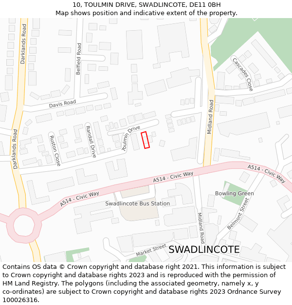 10, TOULMIN DRIVE, SWADLINCOTE, DE11 0BH: Location map and indicative extent of plot