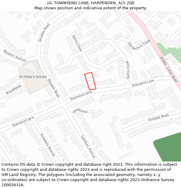 10, TOWNSEND LANE, HARPENDEN, AL5 2QE: Location map and indicative extent of plot