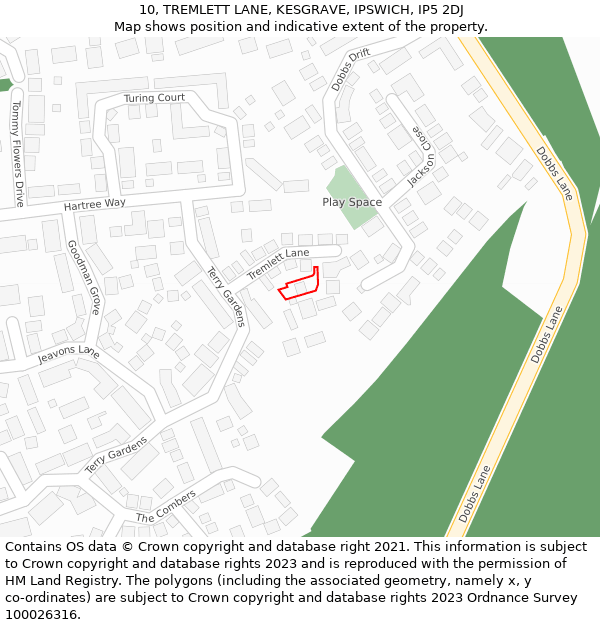 10, TREMLETT LANE, KESGRAVE, IPSWICH, IP5 2DJ: Location map and indicative extent of plot