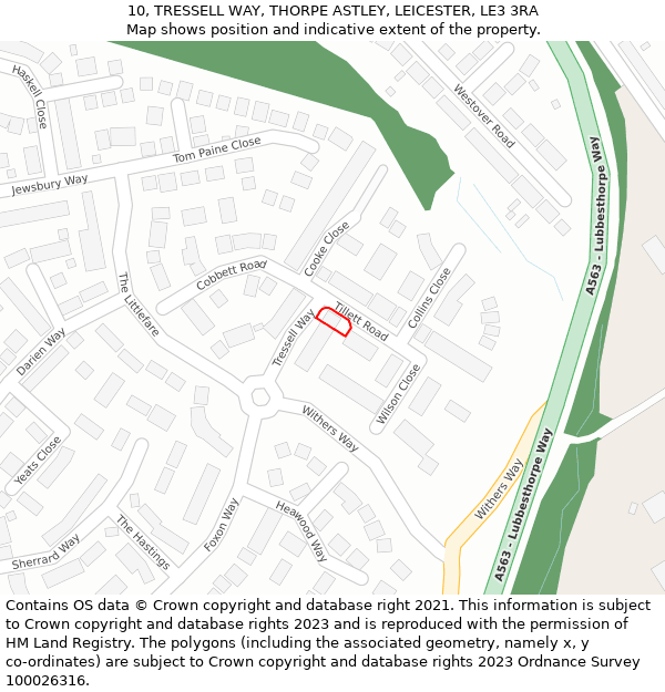 10, TRESSELL WAY, THORPE ASTLEY, LEICESTER, LE3 3RA: Location map and indicative extent of plot