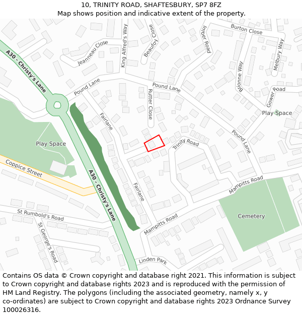 10, TRINITY ROAD, SHAFTESBURY, SP7 8FZ: Location map and indicative extent of plot