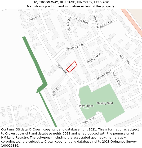 10, TROON WAY, BURBAGE, HINCKLEY, LE10 2GX: Location map and indicative extent of plot