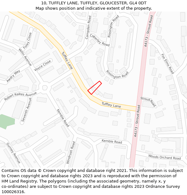 10, TUFFLEY LANE, TUFFLEY, GLOUCESTER, GL4 0DT: Location map and indicative extent of plot