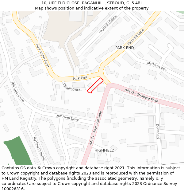 10, UPFIELD CLOSE, PAGANHILL, STROUD, GL5 4BL: Location map and indicative extent of plot