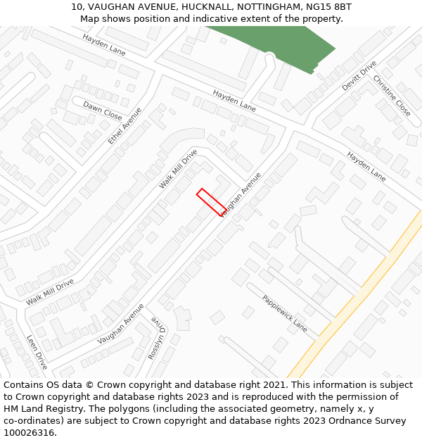 10, VAUGHAN AVENUE, HUCKNALL, NOTTINGHAM, NG15 8BT: Location map and indicative extent of plot