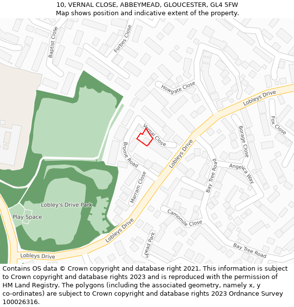 10, VERNAL CLOSE, ABBEYMEAD, GLOUCESTER, GL4 5FW: Location map and indicative extent of plot