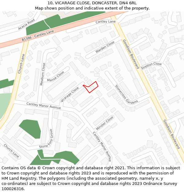 10, VICARAGE CLOSE, DONCASTER, DN4 6RL: Location map and indicative extent of plot