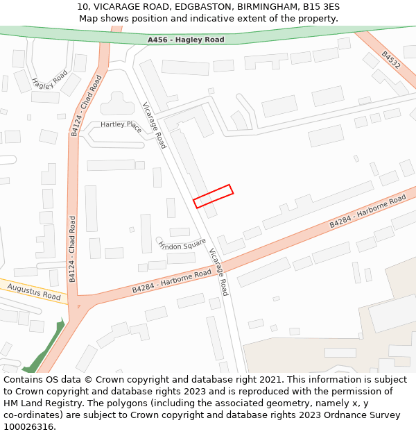 10, VICARAGE ROAD, EDGBASTON, BIRMINGHAM, B15 3ES: Location map and indicative extent of plot